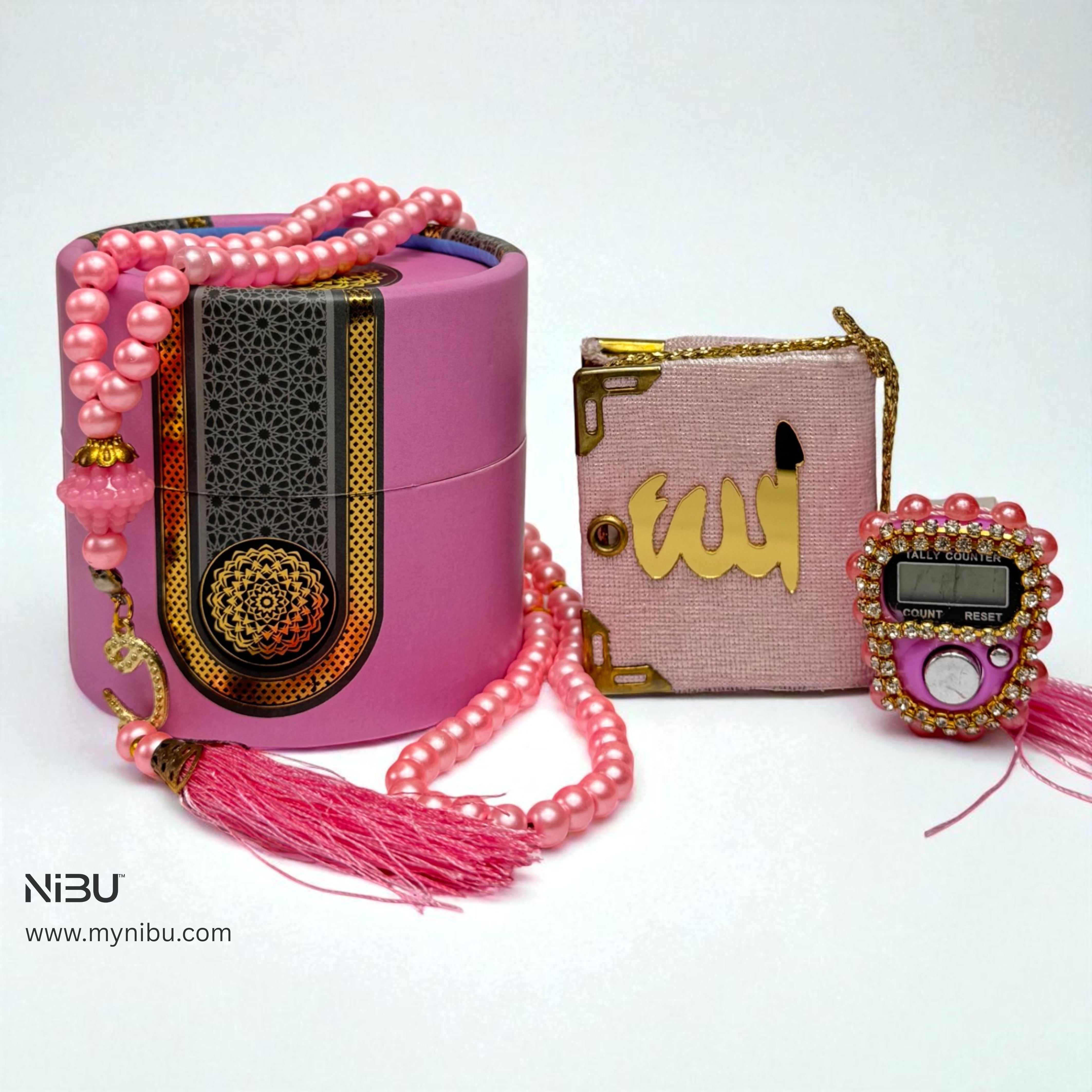 Velvet Mini Quran with Pearl Digital Tasbeeh and 99 beads tasbeeh in Decorative Cylinder Gift Box | Perfect Islamic Gift for Eid, Weddings, Engagements & Special Occasions