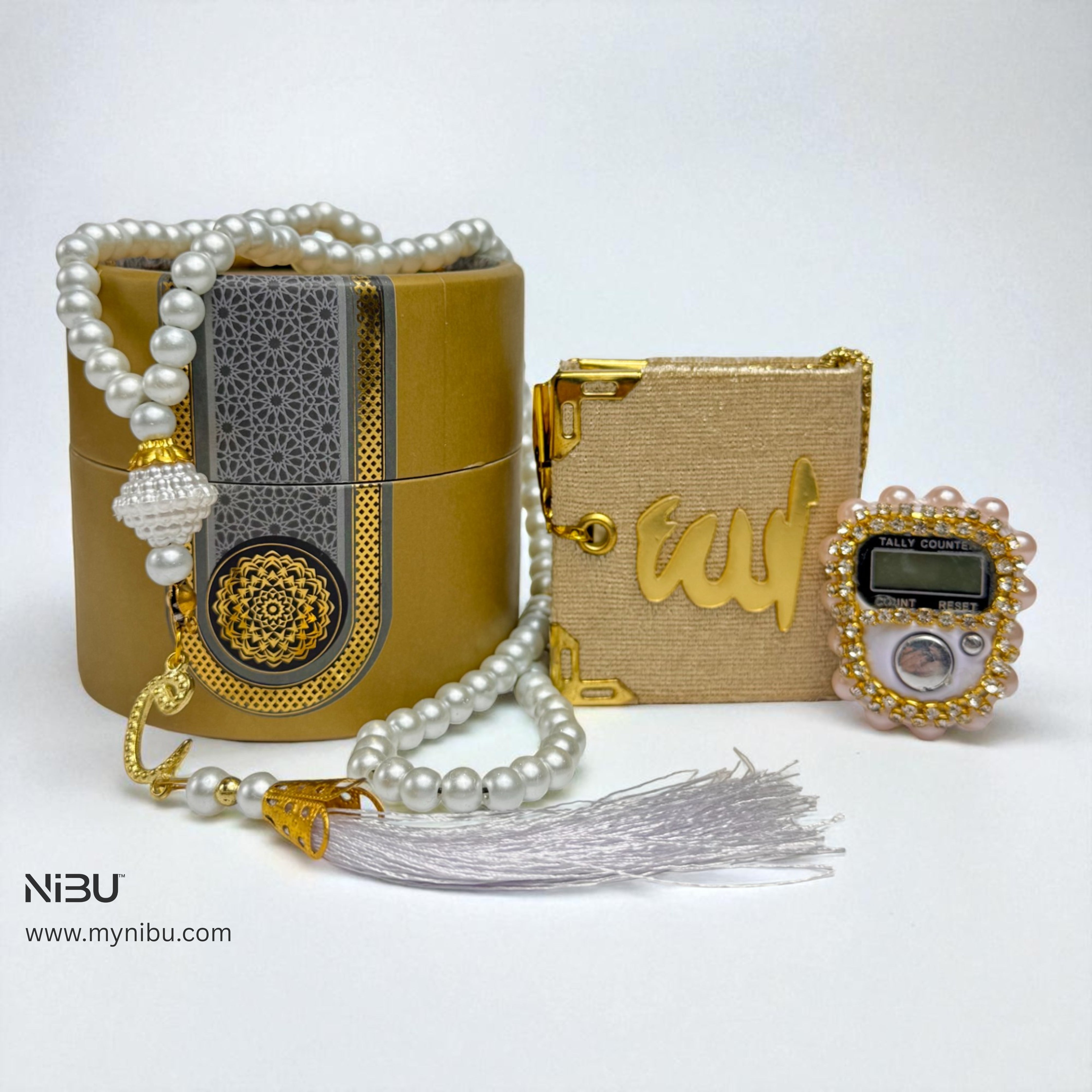 Velvet Mini Quran with Pearl Digital Tasbeeh and 99 beads tasbeeh in Decorative Cylinder Gift Box | Perfect Islamic Gift for Eid, Weddings, Engagements & Special Occasions