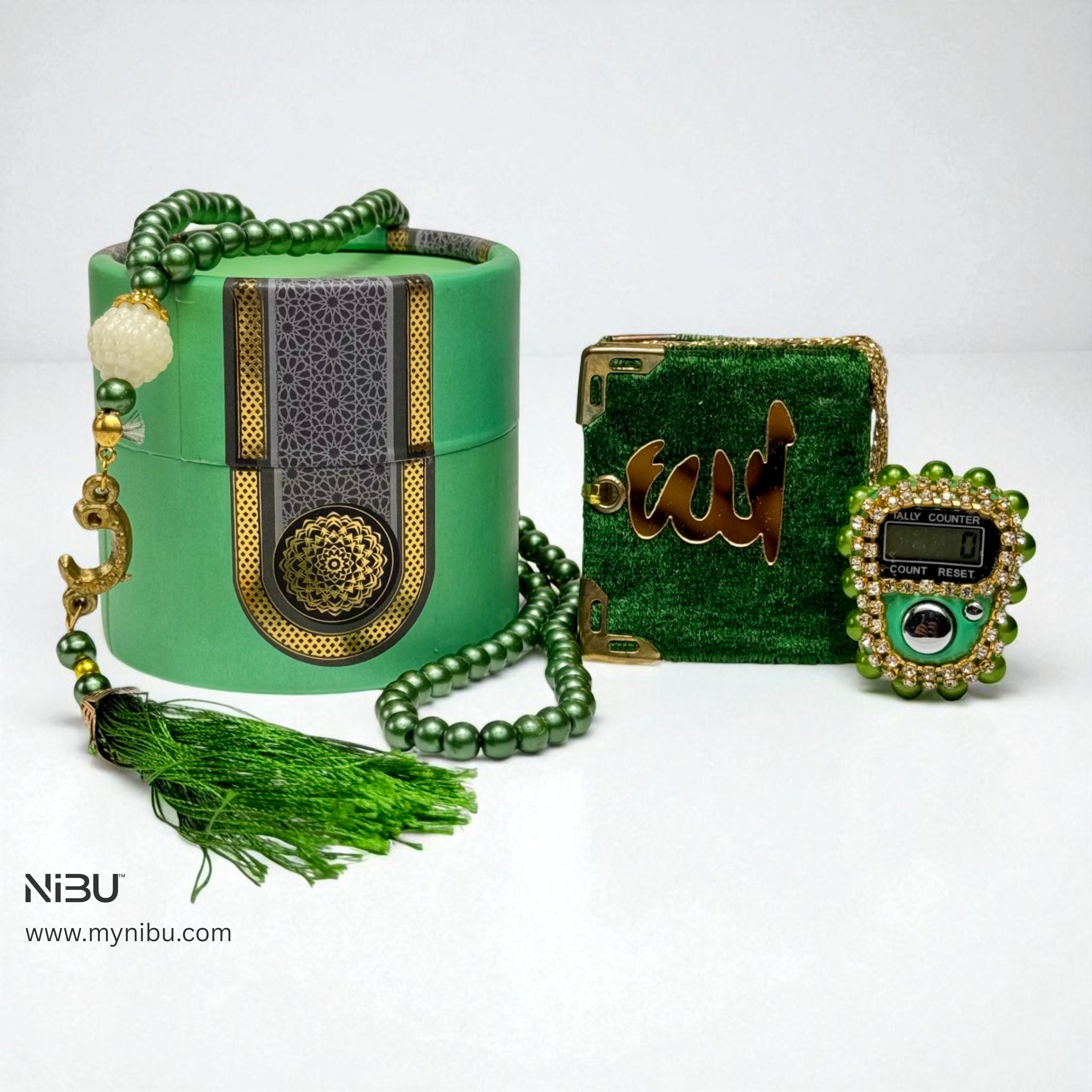 Velvet Mini Quran with Pearl Digital Tasbeeh and 99 beads tasbeeh in Decorative Cylinder Gift Box | Perfect Islamic Gift for Eid, Weddings, Engagements & Special Occasions