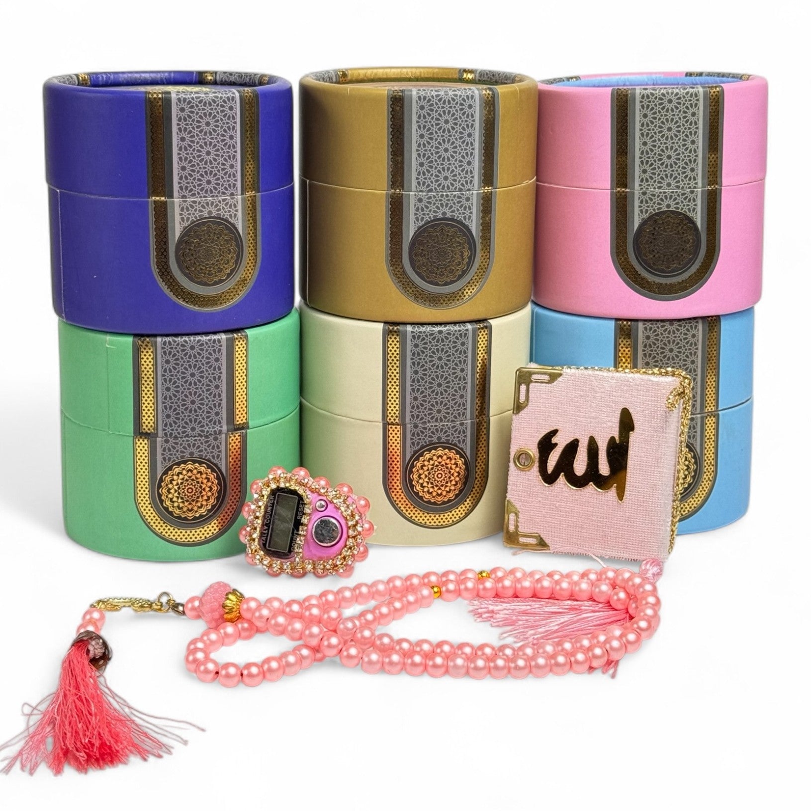 Velvet Mini Quran with Pearl Digital Tasbeeh and 99 beads tasbeeh in Decorative Cylinder Gift Box | Perfect Islamic Gift for Eid, Weddings, Engagements & Special Occasions