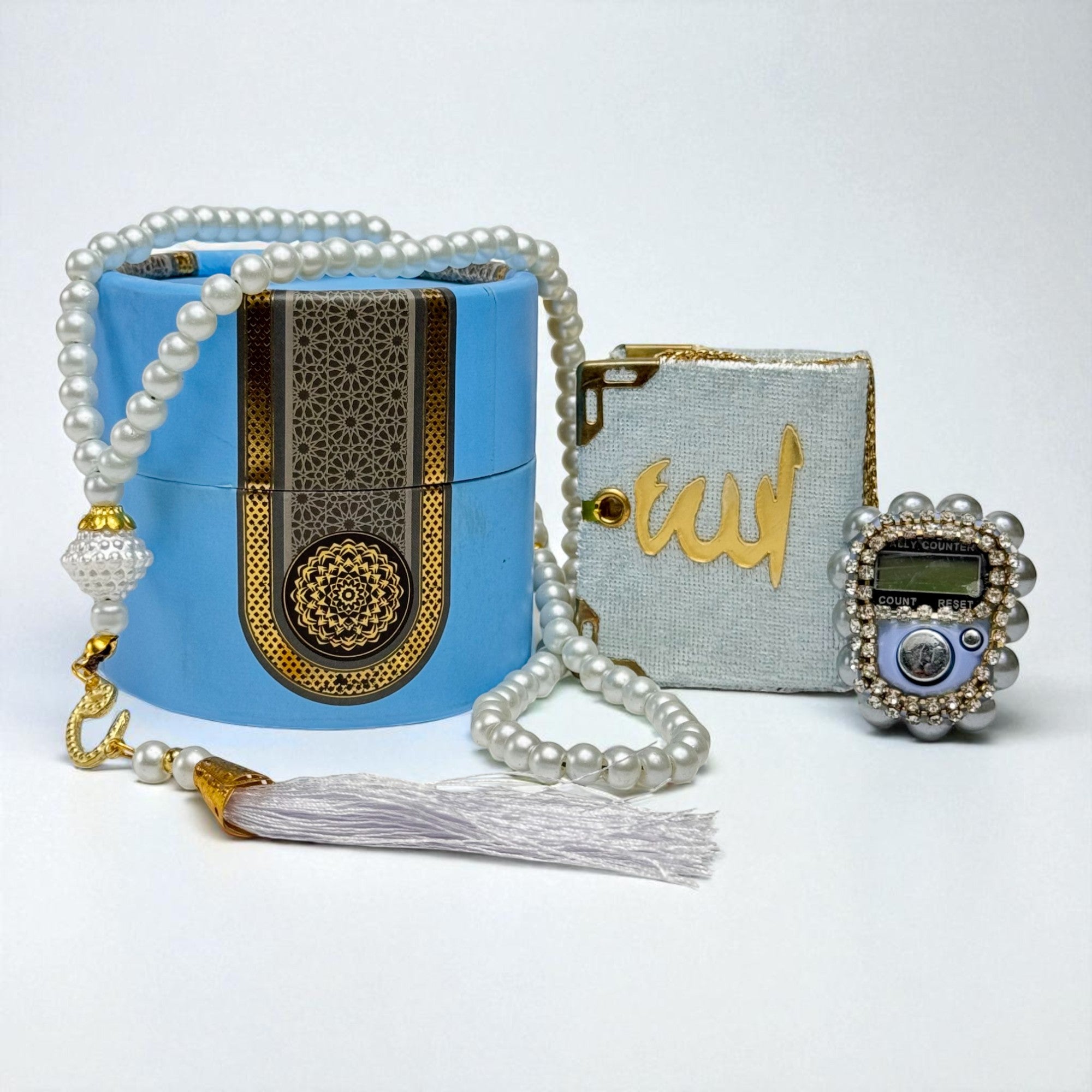 Velvet Mini Quran with Pearl Digital Tasbeeh and 99 beads tasbeeh in Decorative Cylinder Gift Box | Perfect Islamic Gift for Eid, Weddings, Engagements & Special Occasions