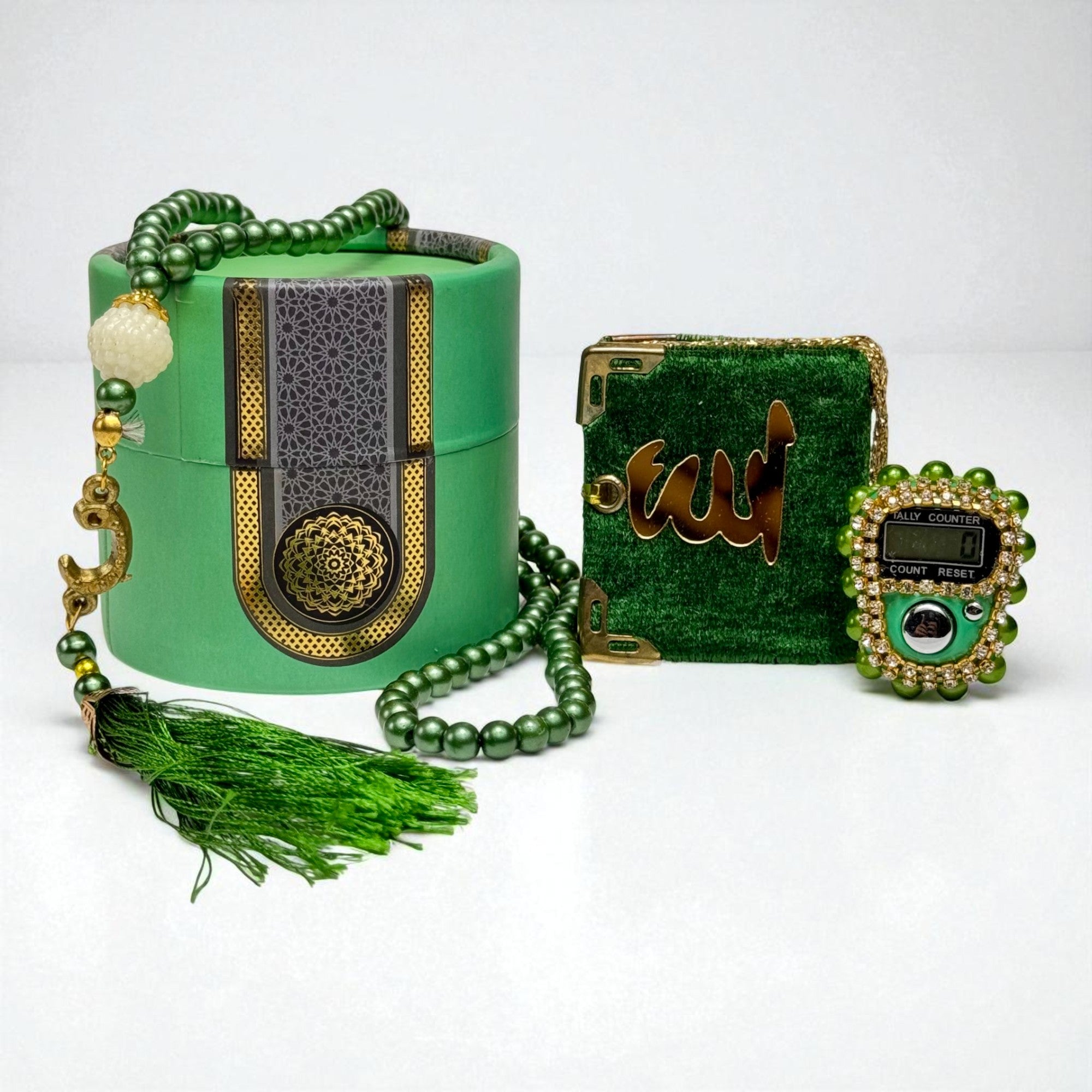 Velvet Mini Quran with Pearl Digital Tasbeeh and 99 beads tasbeeh in Decorative Cylinder Gift Box | Perfect Islamic Gift for Eid, Weddings, Engagements & Special Occasions