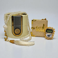 Velvet Mini Quran with Pearl Digital Tasbeeh and 99 beads tasbeeh in Decorative Cylinder Gift Box | Perfect Islamic Gift for Eid, Weddings, Engagements & Special Occasions